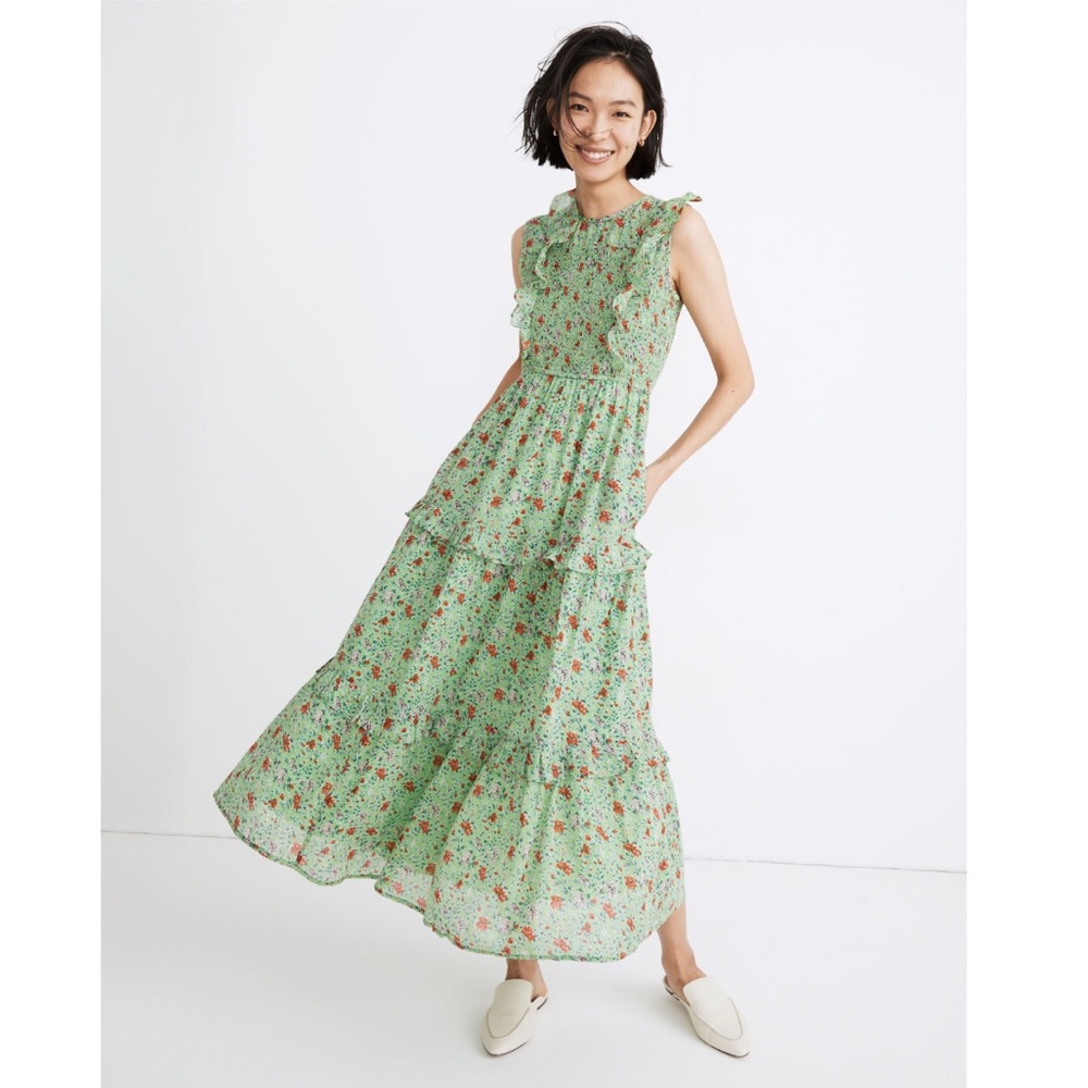 Banjanan Iris Ruffled Smocked Midi Dress in Siesta Bud Print Green Women's Large